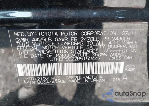 2011 Lexus Is 250 z USA, uszkodzony, nr VIN JTHBF5C22B5152447